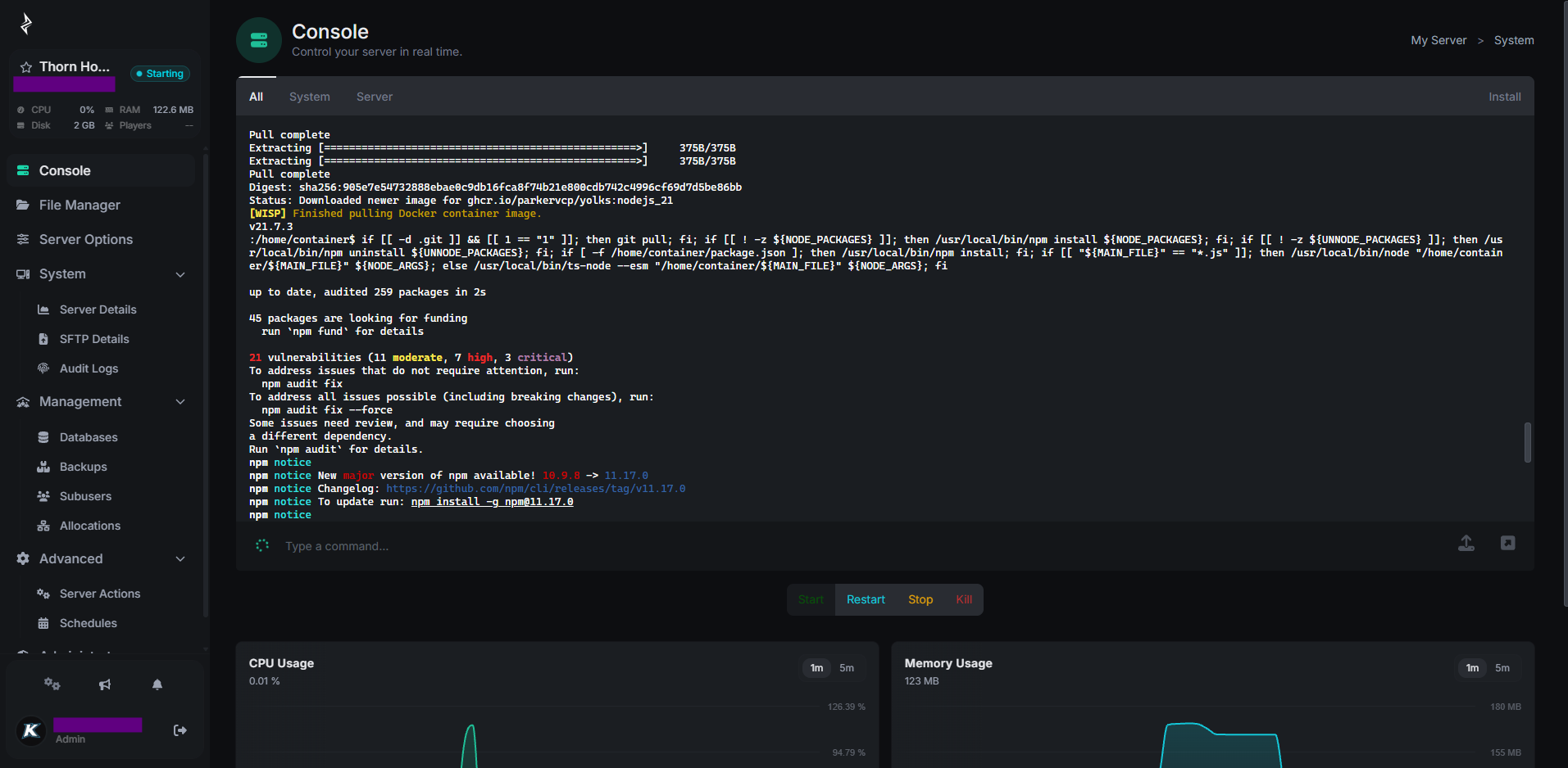 Thorn Hosting bot control panel