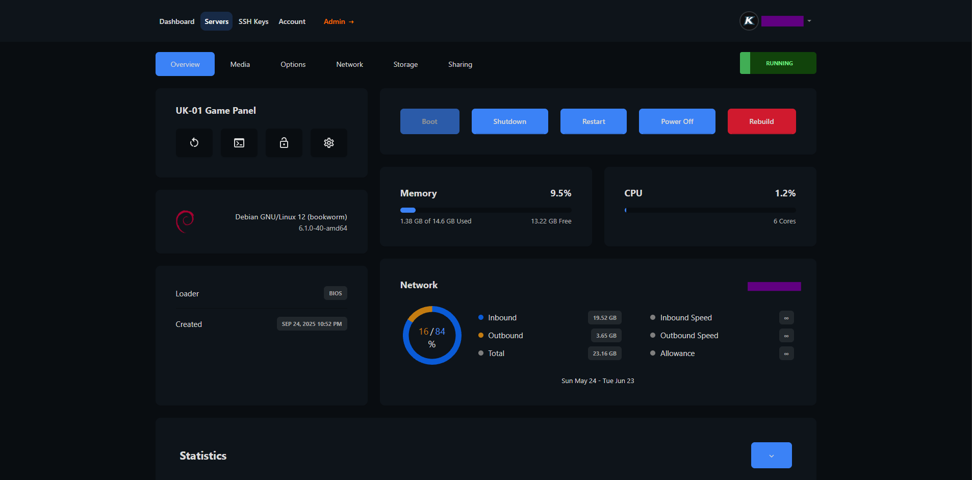 Thorn Hosting VPS control panel